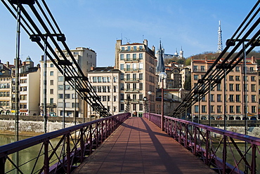 Old Lyon from the Saone quay, Sint Vincent footbridge, Lyon, France, Europe