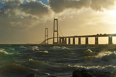 Store Belt, Great Belt Bridge in heavy surf, Nyborg, Korsor, South Denmark, Denmark, Europe