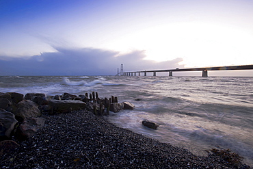 Baltic Sea beach and surf at Store Belt, Great Belt Bridge, Nyborg, Korsor, South Denmark, Denmark, Europe