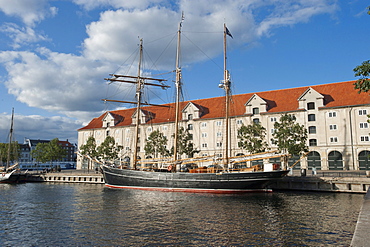 Three-master in the port bay Asiatisk Plads, Copenhagen, Denmark, Europe