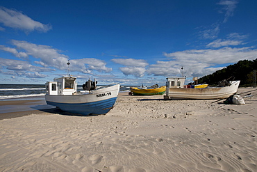 Fishing boats on the beach, spit on the Vistula Lagoon, Baltic, Pomerania, Poland, Europe
