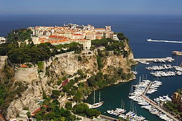 Monaco-Ville situated on a cliff overlooking the Fontvielle marina, Mediterranean Sea, Principality of Monaco, Europe