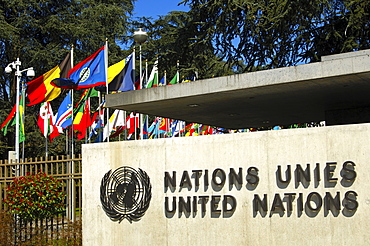 Entrance to the European headquarters of the United Nations, UN, Palais des Nations, Geneva, Switzerland, Europe