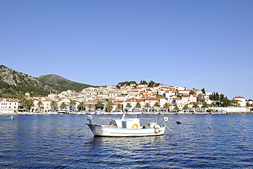 Fishing boat in front of the town, Hvar, Hvar Island, Croatia, Europe