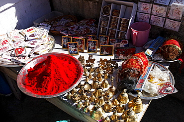 Devotional items on a stand, Golu Devta Temple or Golu Devata Temple, Temple of the Bells, a temple for the God Golu, Ghorakhal, Uttarakhand, North India, India, Asia