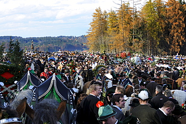 Leonhardifahrt, a procession with horses for the feast day of Saint Leonard of Noblac, blessing on Kalvarienberg, Calvary Hill, Bad Toelz, Upper Bavaria, Bavaria, Germany, Europe