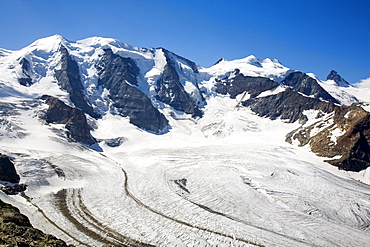 A view of the Bernina Glacier taken from Diavolezza mountain, Engadine valley, Switzerland, Europe