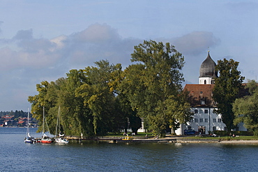 Pier at the monastery with bell tower, Frauenchiemsee island, Chiemsee, Upper Bavaria, Bavaria, Germany, Europe