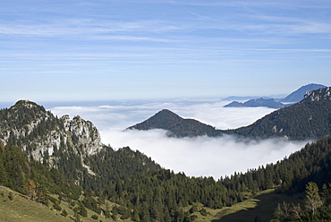 View of Kampenwand mountain, view from near the summit station looking towards the fog-shrouded Alps, Chiemgau area, Upper Bavaria, Germany, Europe