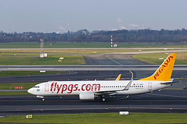 Pegasus Airlines passenger aircraft on the runway, Dusseldorf International Airport, North Rhine-Westphalia, Germany, Europe