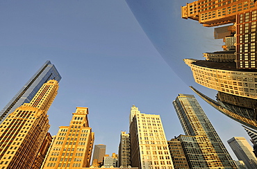 Reflection of the Chicago skyline with the Legacy at Millennium Park Building, The Heritage and the Pittsfield Building in the Cloud Gate sculpture, The Bean, by Anish Kapoor, AT & T Plaza, Millennium Park, Chicago, Illinois, United States of America, USA