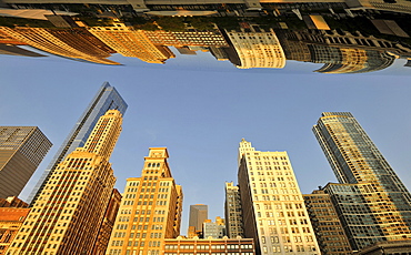 Chicago skyline being reflected on the surface of the Cloud Gate sculpture, Legacy at Millennium Park Building, The Heritage, Pittsfield Building, sculpture, nicknamed The Bean, created by Anish Kapoor, AT&T Plaza, Millennium Park, Chicago, Illinois, Unit