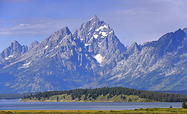 Willow Flats in front of Teton Range mountain chain with Mount Moran and Jackson Lake, Grand Teton National Park, Wyoming, USA, North America