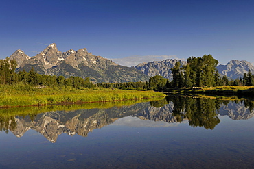 Snake River, Schwabacher Landing, in front of the Teton Range, Grand Teton National Park, Wyoming, United States of America, USA