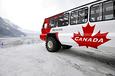 Brewster special bus, Ice Explorer Snowcoach, snowmobile for tourists to explore the glacier, Athabasca Glacier, Columbia Icefield, Icefields Parkway, Jasper National Park, Canadian Rockies, Rocky Mountains, Alberta, Canada