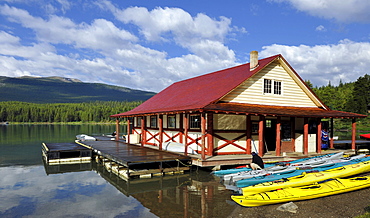 Historic boathouse on the shore of Maligne Lake, Maligne Valley, Jasper National Park, Alberta, Canada