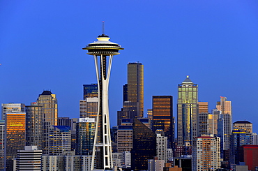 Night scene, skyline of the Financial District in Seattle, Space Needle, Columbia Center, formerly known as Bank of America Tower, Washington Mutual Tower, Two Union Square Tower, Municipal Tower, formerly Key Tower, US Bank Center, Washington, United Sta