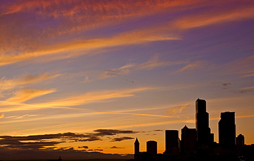 Evening mood, skyline of the Financial District in Seattle, Columbia Center, formerly known as Bank of America Tower, Washington Mutual Tower, Two Union Square Tower, Municipal Tower, formerly Key Tower, Smith Tower, Seattle, Washington, United States of 