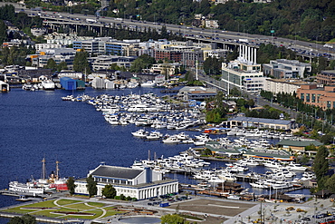 View from Space Needle to the east, marina, Union Lake, Seattle, Washington, United States of America, USA