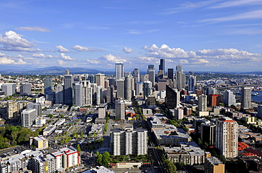 View from Space Needle to the southeast, Skyline Financial District Seattle with Columbia Center, formerly Bank of America Tower, Wells Fargo Building, Washington Mutual Tower, Two Union Square Tower, Municipal Tower, formerly Key Tower, U.S. Bank Center,