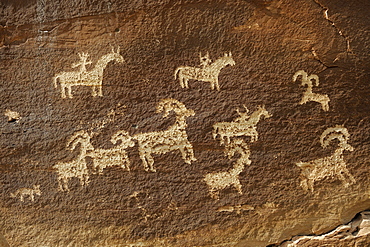 Petroglyphs of the native Americans, about 1500 years old, near Wolf Ranch, Arches National Park, Utah, USA