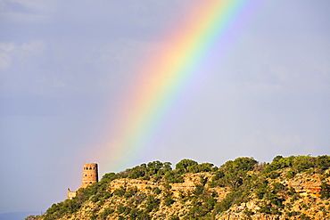 Watchtower with rainbow, Desert View Point, as seen from Navajo Point, Grand Canyon National Park, Arizona, USA, America