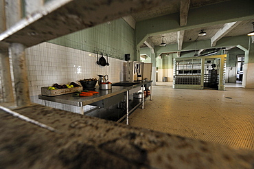 Looking through the meal slot in the dining hall into the kitchen in the prison, Alcatraz Island, California, USA