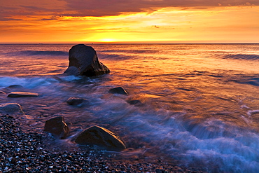 Beach with waves and rocks, Jasmund National Park, Ruegen, Mecklenburg-Western Pomerania, Germany, Europe