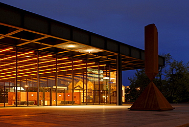 New National Gallery by the architect Mies van der Rohe with the sculpture Broken Obelisk by Barnett Newman and a light installation by Jenny Holzer, Berlin, Germany, Europe