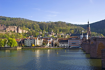 Townscape with Schloss Heidelberg Castle and Old Bridge, Karl-Theodor Bridge, Heidelberg, Neckar, Palatinate, Baden-Wuerttemberg, Germany, Europe