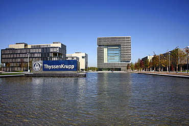 The cube-shaped Q1 building, newly built ThyssenKrupp AG headquarters in the west of Essen, in the so-called Krupp-Guertel area, Essen, North Rhine-Westphalia, Germany, Europe