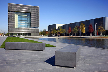 The cube-shaped Q1 building, newly built ThyssenKrupp AG headquarters in the west of Essen, in the so-called Krupp-Guertel area, Essen, North Rhine-Westphalia, Germany, Europe