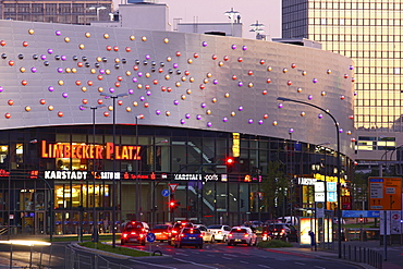 Limbecker Platz shopping center, completed in 2009, Essen city centre, illuminated facade on Berliner Platz square, Essen, North Rhine-Westphalia, Germany, Europe