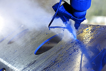 Water jet technology, precise technology for cutting metal with a high pressure water jet, where an abrasive material is added to the water, Waterjet company, Aarwangen, Switzerland, Europe