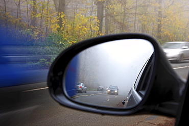 Highway in dense fog, autumn, visibility below 100 metres, Essen, North Rhine-Westphalia, Germany, Europe