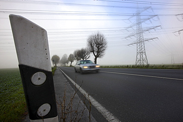 Road between Essen and Bochum in dense fog, autumn, visibility below 100 metres, Essen, North Rhine-Westphalia, Germany, Europe