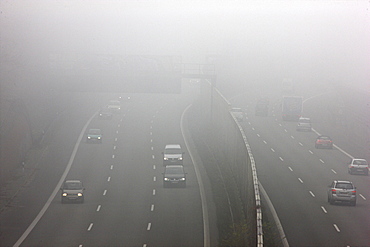 A52 motorway in thick fog, autumn, visibility below 100 metres, Essen, North Rhine-Westphalia, Germany, Europe