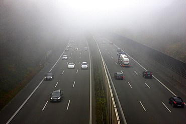 A52 motorway in thick fog, autumn, visibility below 100 metres, Essen, North Rhine-Westphalia, Germany, Europe