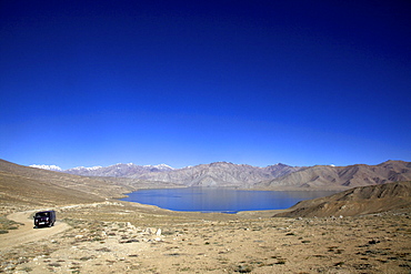 UAZ all-terrain 4-wheel bus at Yashikul Lake, Pamir, Tajikistan, Central Asia