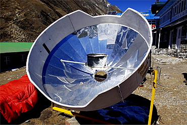 Solar mirror for heating water, Gokyo, Khumbu, Sagarmatha National Park, Nepal, Asia