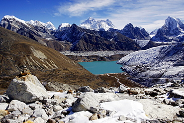 View from the Renjola pass on Gokyo and Gokyo Tso Lake over the Ngozumpa glacier to the Everest massif, Khumbu, Sagarmatha National Park, Nepal, Asia