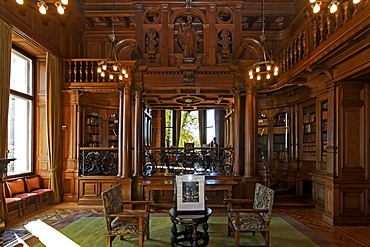 Library with wood paneling, Villa Huegel, former home of the Krupp family, Essen-Baldeney, North Rhine-Westphalia, Germany, Europe