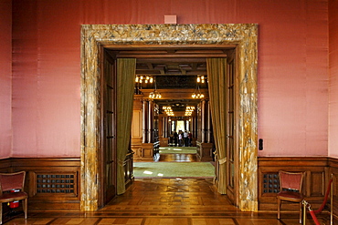 Room with a marble portal, view towards the library, Villa Huegel, former home of the Krupp family, Essen-Baldeney, North Rhine-Westphalia, Germany, Europe