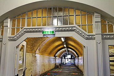 Disused Suedbahnhof railway station, built in 1908, exit leading through a tunnel, restored, Krefeld, North Rhine-Westphalia, Germany, Europe