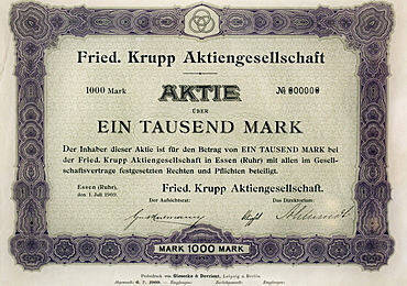 Historic stock of the Friedrich Krupp AG, "Ein Tausend Mark", German for "one thousand Deutschmarks", exhibition in the Villa Huegel mansion, Baldeney district, Essen, North Rhine-Westphalia, Germany, Europe