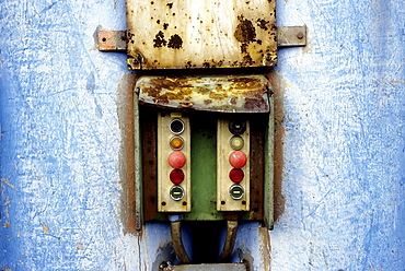 Old control box with buttons, Huettenwerk Meiderich steel mill after closure, today Duisburg-Nord Landscape Park, North Rhine-Westphalia, Germany, Europe