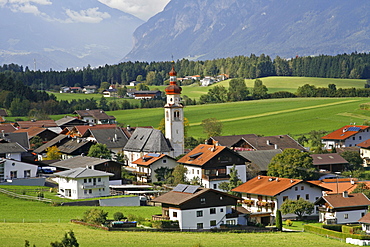 Small town of Tulfes, church, mountains, pastoral landscape, Tyrol, Austria, Europe