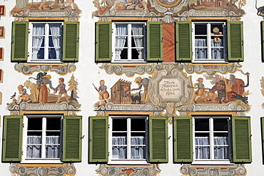 Building facade with "Lueftlmalerei" mural paintings, windows and shutters, Haensel und Gretel Heim, Oberammergau, Bavaria, Germany, Europe