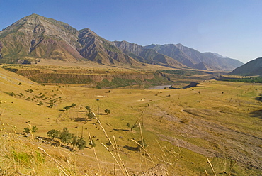 Bare mountaineous landscape from Dushanbe into the Pamir mountains, Tajikistan, Central Asia