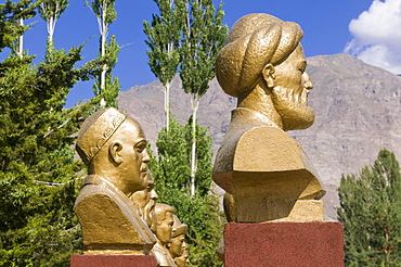 Golden busts of famous men, Khorog, Pamir Mountains, Tajikistan, Central Asia